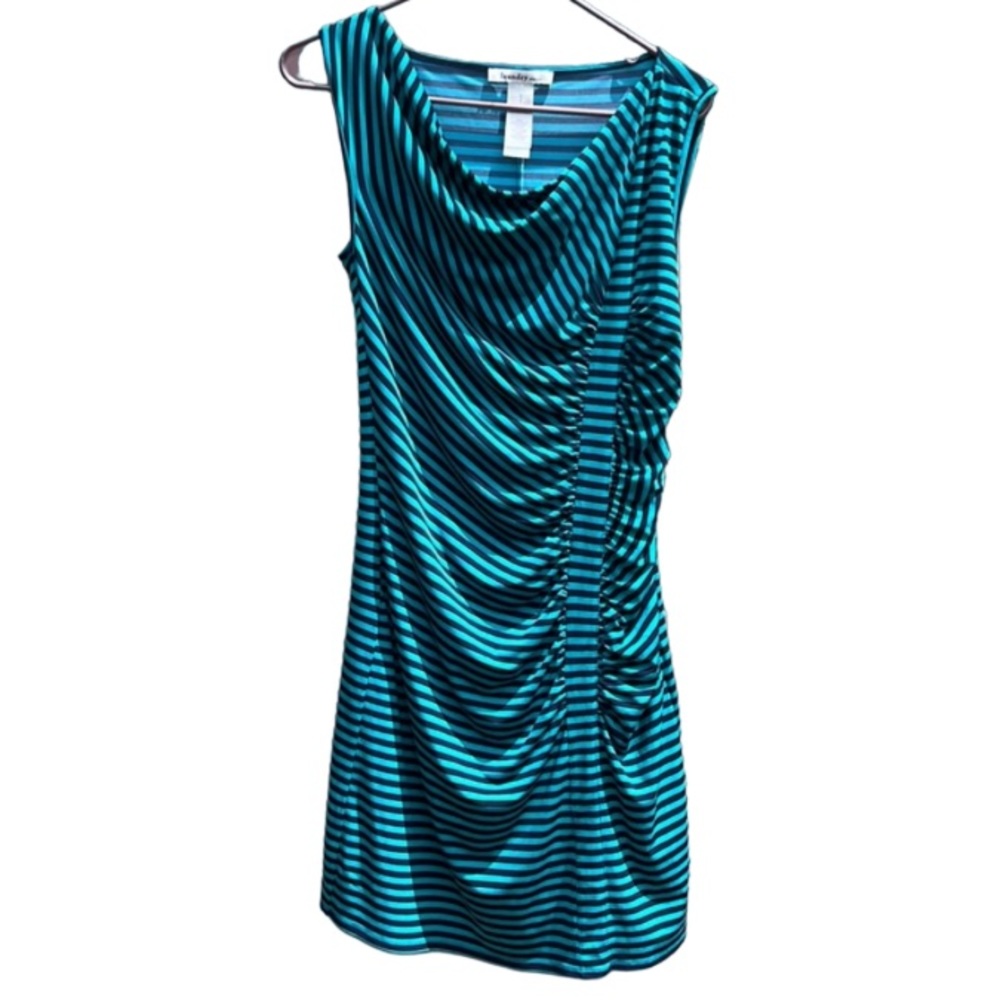 Laundry By Design Scooped Neck Sleeveless Dress Teal/Black Striped Ruching Size
